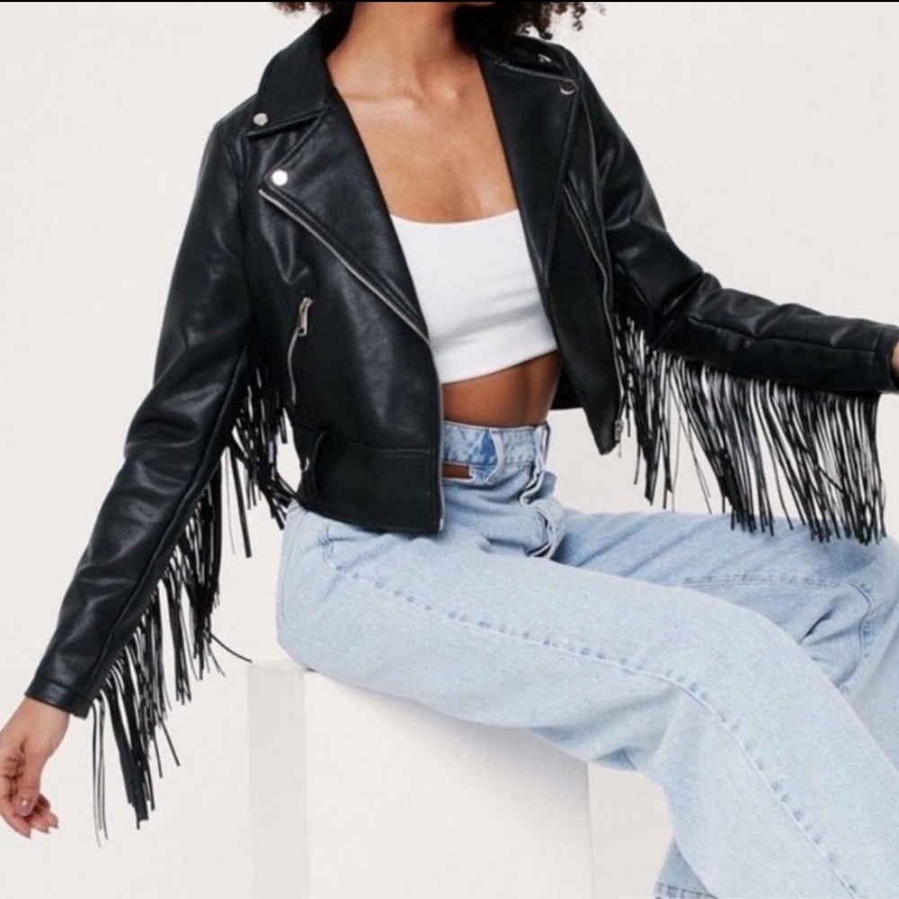Nasty Gal Black Vegan Leather Motorcycle Jacket w/ Fringe Medium